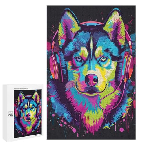 Sibirischer Husky mit Kopfhörern Puzzle 1000 Teile für Erwachsene lustige Familienpuzzles für Erwachsene Teenager Kinder unmögliche Spiele Geschenkspielzeug Heimdekoration 75 x 50 cm von wuxiyueyue