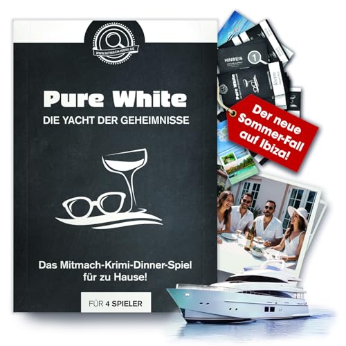 Krimidinner für 4 Personen – Pure White: die Yacht der Geheimnisse – Rollenspiel mit spanischem Flair (auf Ibiza) – BBQ – Sommerspiel Geschenk für Freunde – Abend mit Freunden von www.mitmach-krimi.de