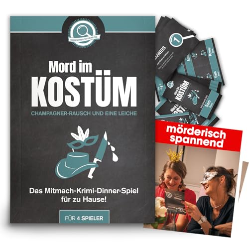 Krimispiel Mord im Kostüm – Champagner-Rausch und eine Leiche – Krimi Dinner Spiel für zuhause für 4 Personen – Krimidinner für Erwachsene – Partyspiel, Ratespiel von www.mitmach-krimi.de