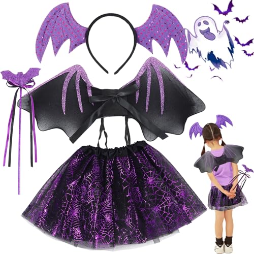 wzkhlsy Halloween Fledermaus Kostüm Kinder Set, Fledermaus Kostüm Mädchen, mit Haareif, Tutu Rock, Flügel und Zauberstab,Halloween Kostüm Kinder Fledermaus, Für Party Mottoparty Fasching (zise) von wzkhlsy