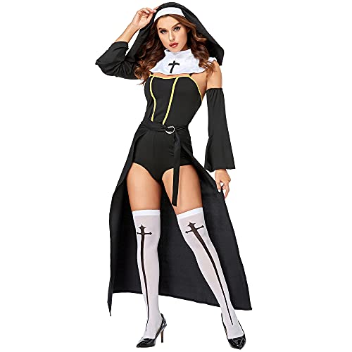 xHxttL Frauen Sexy Nonne Kostüme Erwachsene Halloween Cosplay Kostüm Anime Nonne Cosplay Outfit mit Kopftuch Lange Ärmel Schwarzes Split Kleid für Frauen von xHxttL