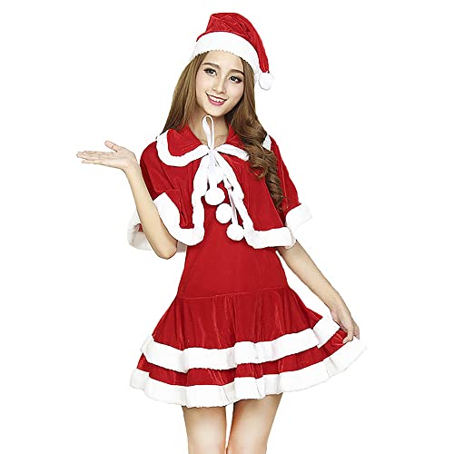 xHxttL Women Santa Claus Costumes Suit Weihnachtskostüm Outfit mit Kleid Gürtel und Hut Rot/Weiß 3 Stück von xHxttL