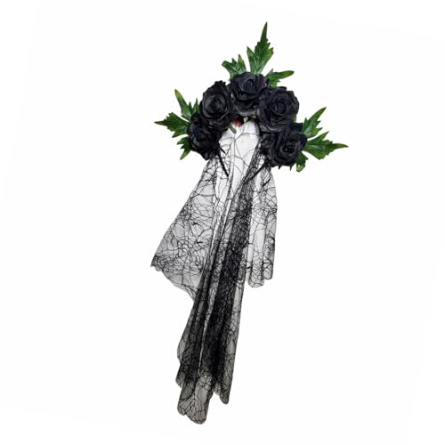xbiez Eleganter Rosen-verzierter Kopfschmuck mit durchsichtigem Schleier, Cosplay-Accessoire für Erwachsene, Kinder, Hexenkostüm, Partys, Harz-Haarband für Damen von xbiez