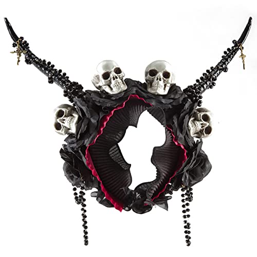 xbiez Halloween Tiaras Kronen Halloween Horn Antilope Stirnband Schädel Kopfbedeckung Retro Schwarz Blume Haarband Gothic Krone von xbiez