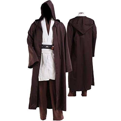 xingyueshop Adult Movie Costume Halloween Mens Medieval Costume White/Brown/Black Tunic with Brown/Black Hooded Cape Cloak Robe,L von xingyueshop