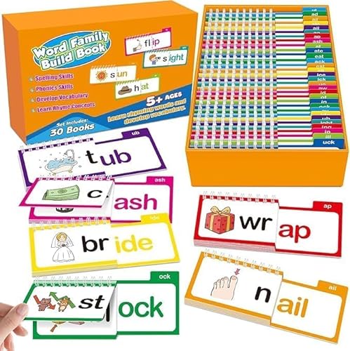 30 Read and Rhyme Flip Books, Phonics Flash Karten, Word Family Flip Book Kit für Kinder, pädagogische Sight Word Card Game, interaktive Learning Think Words für Kleinkinder & Vorschulkinder von xinrongda