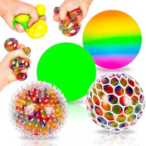 4 Stück Stressball, Mesh Stressbälle mit Wasse Perlen, Regenbogen Squeeze Bälle, Anti Stress Squeeze Traubenbälle für Kinder Erwachsene ADHS, Angst, OCD Angst abbauen und Beruhigung von xinrongda