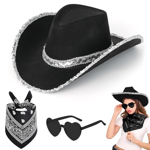 Cowboyhut, Kostüm-Zubehör, schwarze Cowboyhüte für Damen, Western-Kuhmädchen-Kostüm-Set mit Bandana und Brille, wildes Cowboy-Outfit für Erwachsene, für Geburtstag, Halloween, Junggesellinnenabschied Cowboyhut, Kostüm-Zubehör, schwarze Cowboyhüte für Damen, Western-Kuhmädchen-Kostüm-Set mit Bandana und Brille, wildes Cowboy-Outfit für Erwachsene, für Geburtstag, Halloween, Junggesellinnenabschied von xinrongda