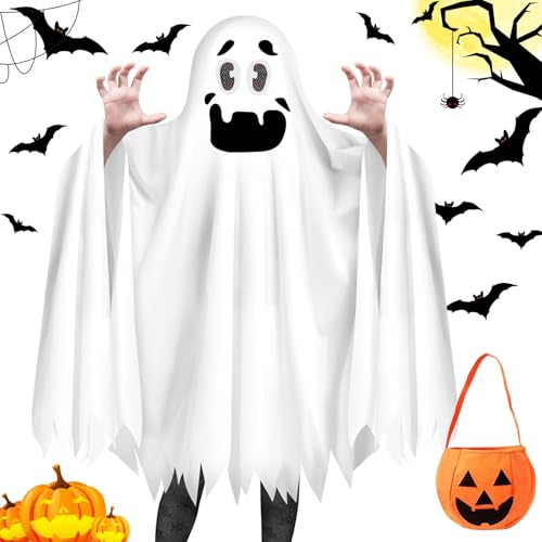 Halloween-Geister-Kostüm für Kinder, weißer Geister-Cos-tume mit Kürbisbeutel, Gh-ost Kapuzenumhang, Kostüm, Geistergesicht, gruseliger Umhang, Kostüm für Jungen und Mädchen, Alter 6-10 Jahre von xinrongda