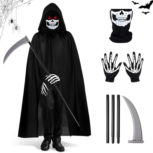 Sensenmann Kostüm Set, Sensenmann Umhang Schwarz Umhang mit Kapuze Sense Skelett Handschuhe Skelett Maske Set Schrei Kostüm Halloween Kostüme Cosplay für Outfits Partykleid für Männer Frauen von xinrongda