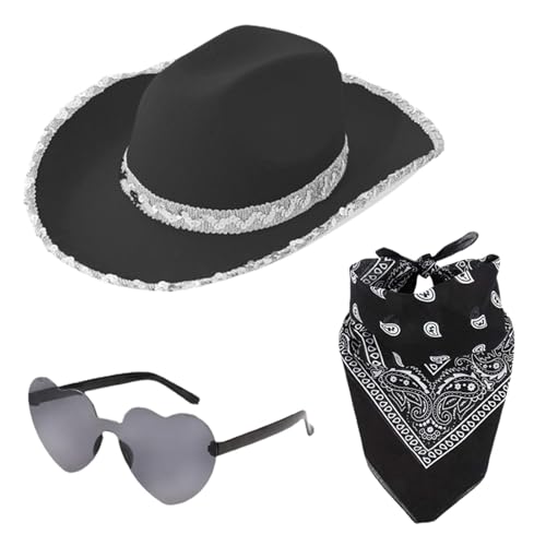 xitoio Cowgirl-Hut-Set, Cowboyhut, glitzernder Cowboyhut mit Bandana und Herz-Sonnenbrille, Cowgirl-Zubehör für Damen (schwarz) von xitoio