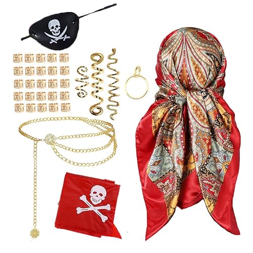 xlwen 6 Stück Piratenkostüm Herren Damen Piraten Kopftuch Mittelalter Piratenkostüm Zubehör Set Piraten Accessoires Kopftuch Augenklappe Ohrringe Halskette Armband Hüfte Halloween Cosplay von xlwen