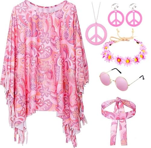 xlwen 6Stück Hippie Kostüm Damen Set Boho Flower Power Karneval Karneval Kostüm Damen Hippie Faschingskostüme Damen Disco Outfit 60er 70er 80er 90er Jahre Hippie Accessoires von xlwen