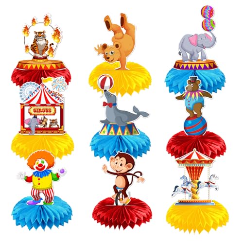 xlwen 9 Stück Karneval Bienenwaben Tischdeko 3D Clownkopf Zirkus Tier Party Bienenwabe Mittelstücke Tischdeko für Karneval Kinder Zirkus Geburtstag Party von xlwen