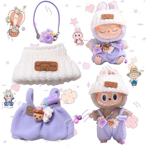 xlwen Kleidung für Labub Puppe,3 Stück,Labub Kleidung für 17 cm große Labub Puppe,17cm Plüsch Bekleidung,Labub Plüsch Pullover Bekleidung,Latzhose, Wollmütze, Kamera（Lila） von xlwen