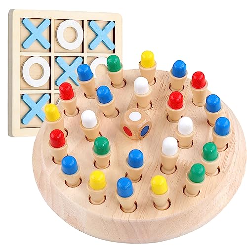 Memory Spiel Schach Holz und Tic-Tac-Toe Spiel, Hölzernes Gedächtnis Lernspielzeug Holz,Gedächtnisspiele Schachspiel Farbkognitive Spielzeug für Kinder Mädchen Jungen von XNFIVE