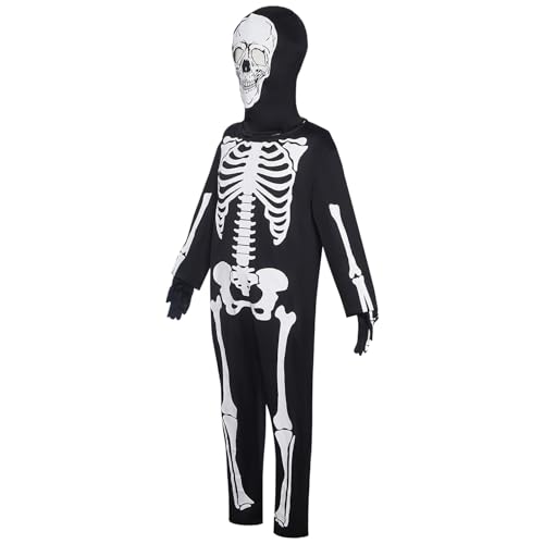 xowwyue Skelett Kostüm Für Kinder, Halloween Leuchtende Skelett Bodysuit Set Mit Handschuhen, Overall Und Kopfbedeckung, Halloween Cosplay Outfit Für Rollenspiele Und Bühnenauftritte 3–15 Jahre von xowwyue