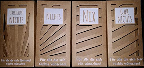 xy Nichts Geschenk 4er Set Absolut gar nix verschenken witziger lustiger Scherzartikel Geburtstagsgeschenk Geschenk für Menschen, die Sich Nichts wünschen Naturkarton xy Nichts Geschenk 4er Set Absolut gar nix verschenken witziger lustiger Scherzartikel Geburtstagsgeschenk Geschenk für Menschen, die Sich Nichts wünschen Naturkarton von xy