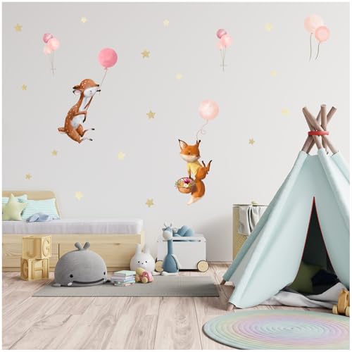 Wandsticker personalisiert Sticker Aquarell Tiere mit Name Wandtattoo für Kinderzimmer Babyzimmer Spielzimmer Mädchen Junge Y037 (Nr. 13 Waldtiere mit Ballons, Ohne Wunschname) von yabaduu