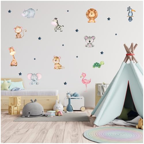 Wandsticker personalisiert Sticker Aquarell Tiere mit Name Wandtattoo für Kinderzimmer Babyzimmer Spielzimmer Mädchen Junge Y037 (Nr. 3 Tiere, Ohne Wunschname) von yabaduu