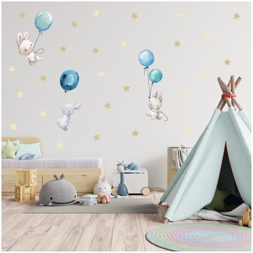 Wandsticker personalisiert Sticker Aquarell Tiere mit Name Wandtattoo für Kinderzimmer Babyzimmer Spielzimmer Mädchen Junge Y037 (Nr. 5 Hasen mit Ballons, Ohne Wunschname) von yabaduu