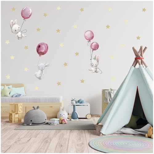 Wandsticker personalisiert Sticker Aquarell Tiere mit Name Wandtattoo für Kinderzimmer Babyzimmer Spielzimmer Mädchen Junge Y037 (Nr. 6 Hasen mit Ballons Rosa, Ohne Wunschname) von yabaduu