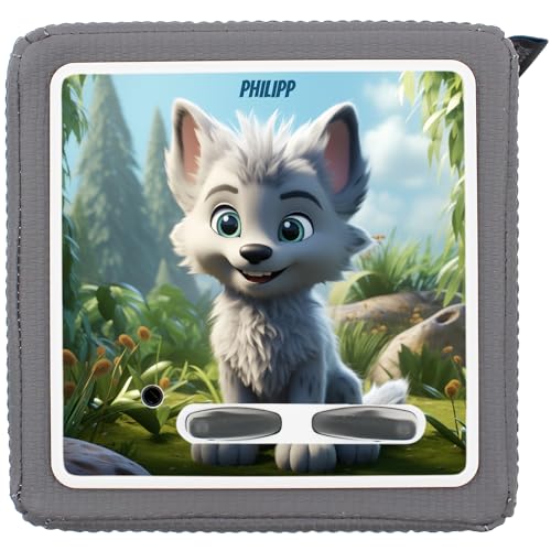yabaduu Schutzfolie Süße Tiere kompatibel mit Toniebox Lauscher Station Aufkleber personalisierbar Zubehör für Kinder Spielzeug passgenau selbstklebend Y031 (Nr. 70 Wolf, Mit Wunschname) von yabaduu