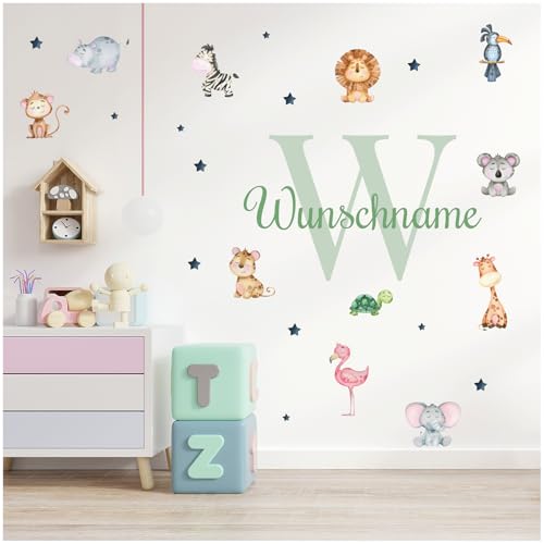 yabaduu Wandsticker personalisiert Sticker Aquarell Tiere mit Name Wandtattoo für Kinderzimmer Babyzimmer Spielzimmer Mädchen Junge Y037 (Nr. 3 Tiere, Mit Wunschname) von yabaduu