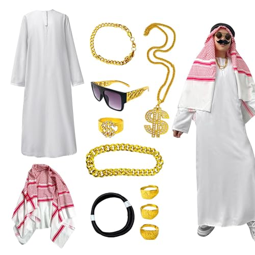 yakermur Arabisches Kostüm-Set für Herren – Robe-Set mit Kopftuch, feine Textur, Cosplay-Zubehör für Halloween-Partys, Karneval, Mottopartys yakermur Arabisches Kostüm-Set für Herren – Robe-Set mit Kopftuch, feine Textur, Cosplay-Zubehör für Halloween-Partys, Karneval, Mottopartys von yakermur