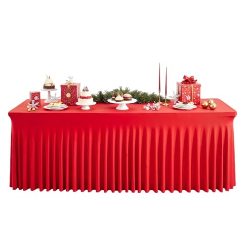 yakermur Tischrock aus Stoff, Tischrock, Weihnachten, rechteckig, 1,8 m, rote Rüschen, wiederverwendbar, Dekoration für Partys, für Restaurant, Buffet, Wohnzimmer, Empfang, von yakermur