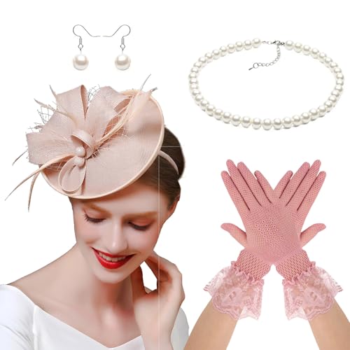 20er-Jahre-Hut mit gefiederter Halskette und Ohrringen für Frauen, Pferderennveranstaltungen und Cocktail-Party-Requisiten, Kopfbedeckung von yanwuwa