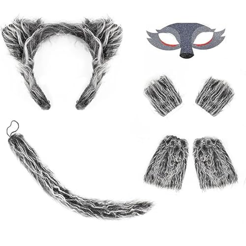 yanwuwa Elegantes Wolfskostüm-Set für Kinder, weicher Wollstoff, Tier-Stirnbänder und Schwanz, für Halloween und Motto-Partys von yanwuwa