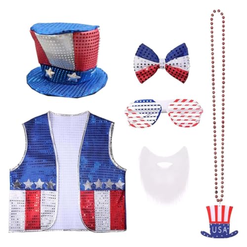 yanwuwa Unabhängigkeitstage, Kostümzubehör-Set, patriotischer Hut, Fliege, Weste, Brillen, Halskette für den 4. Juli yanwuwa Unabhängigkeitstage, Kostümzubehör-Set, patriotischer Hut, Fliege, Weste, Brillen, Halskette für den 4. Juli von yanwuwa