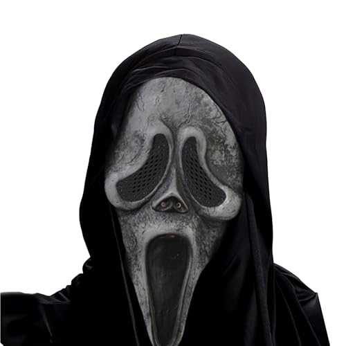 Ghostface Scream Masken mit Umhang, gruselige Halloween-Maske für Männer und Frauen, atmungsaktiv, langlebig, Naturlatex, gruselig, Horror-Maske für Halloween, Streiche, Maskerade, Cosplay von yayafunfun