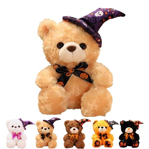 Halloween Kuscheltier Bären, 25cm Halloween Plüschtier Niedlich, Weich Kaki Teddybär Lüschkissen Kuschelig, Cute Plüsch Kissen für Kinder Hallo-ween Geburtstagsgeschenke Weiches Bett Sofa Deko von yayafunfun