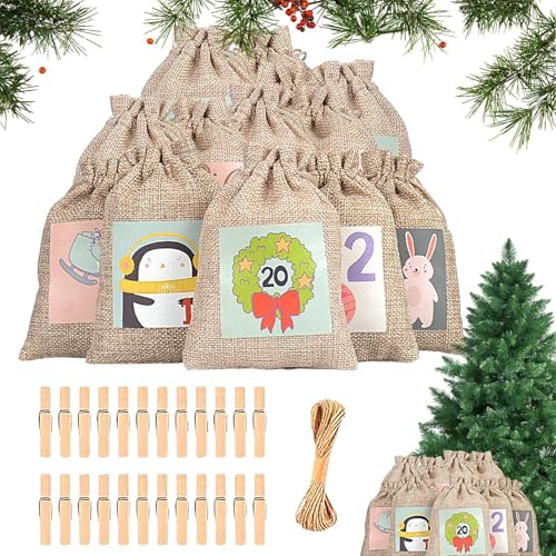 24 Weihnachts-Countdown-Tüten, Leinensack für Weihnachten – hängende Süßigkeitentüten mit Kordelzug für 24 Tage Countdown | von ycezw