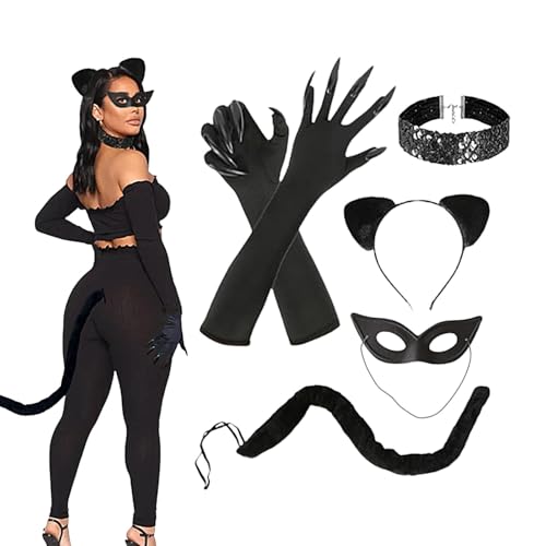 Katzenfrau-Thema Halloween-Kostüm Frauen Katze Kostüm Damen Halloween-Kostüm Faux Black Jumpsuit Rollenspiel Kostüm für Erwachsene Schwarz Partyanzug Frauen -kostym Bodysu von ycezw