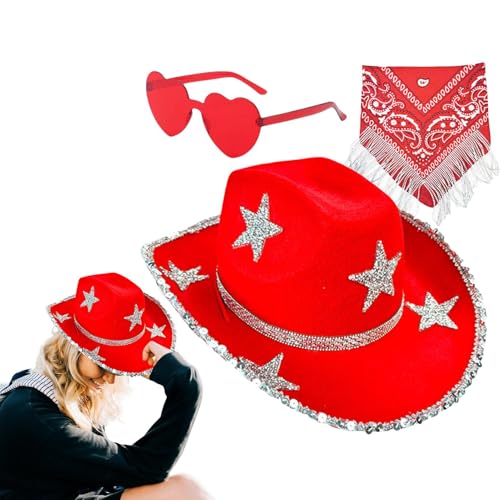 ycezw Bling Cowboyhüte für Damen, 3X Glitzer Cowboyhut Strass Stern Halloween Party Kostüm Cosplay Zubehör Set für Damen Herren von ycezw