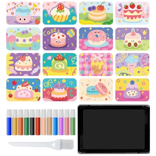 ycezw Bunte Sandmalerei, Sandmalerei | Buntes Sandmalset für - 1 Tablett, 1 Pinsel, 12 Sandfarben, 16 Bilder zum Abziehen und Streuen, Kunstwerkzeug für von ycezw
