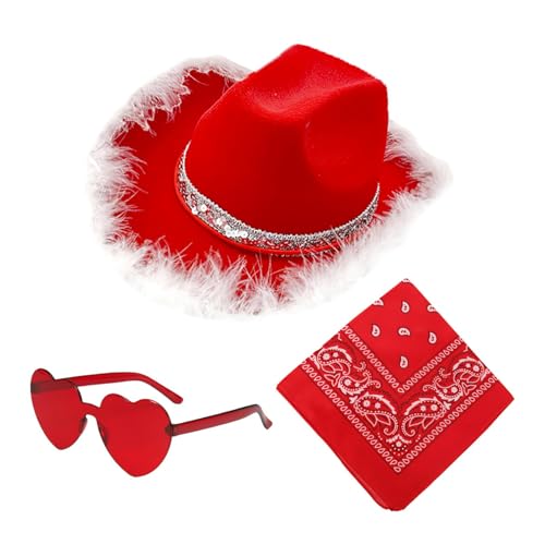 ycezw Cowboyhut-Set für Weihnachten, Cosplay, Westernhut, Party-Kopfbedeckung, 3 x Weihnachtsparty-Hut, Cowgirl-Hut, breite Krempe, Hut mit Herzbrille und Bandana für Party, Urlaub, Cosplay ycezw Cowboyhut-Set für Weihnachten, Cosplay, Westernhut, Party-Kopfbedeckung, 3 x Weihnachtsparty-Hut, Cowgirl-Hut, breite Krempe, Hut mit Herzbrille und Bandana für Party, Urlaub, Cosplay von ycezw