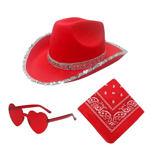 ycezw Cowboyhut für Weihnachten, Westernhut, Party-Kopfbedeckung, 3 x Weihnachtsparty-Hut mit Bandana und Herzbrille, Cowgirl-Hut für Party, Urlaub, Cosplay ycezw Cowboyhut für Weihnachten, Westernhut, Party-Kopfbedeckung, 3 x Weihnachtsparty-Hut mit Bandana und Herzbrille, Cowgirl-Hut für Party, Urlaub, Cosplay von ycezw