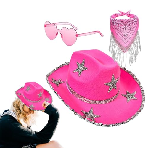 ycezw Cowboyhut mit Strasssteinen, 3 x klassischer Glitzer-Cowboyhut mit Sonnenbrille, Halloween-Party-Kostüm, Cosplay-Zubehör-Set für Damen und Herren von ycezw