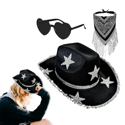 ycezw Cowgirl-Hut mit Strasssteinen, 3 x klassischer Glitzer-Cowboyhut mit Sonnenbrille, Halloween-Party-Kostüm, Cosplay-Zubehör-Set für Damen und Herren von ycezw