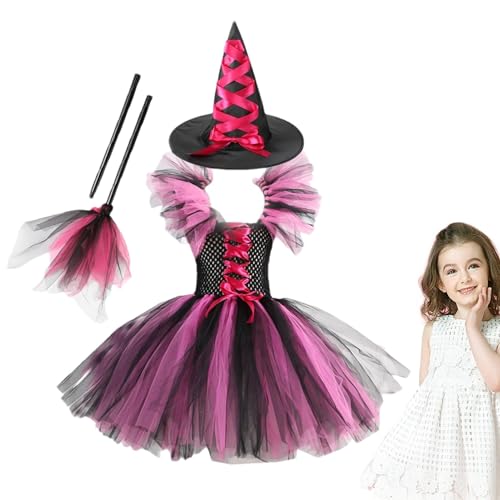 ycezw Hexenkostüm für Kinder, Hexenanzug für Mädchen - Tutu Kleid Hexenkleider,Abendkleider mit Hexenmütze Besen, Kleid Hexenkostüm von ycezw