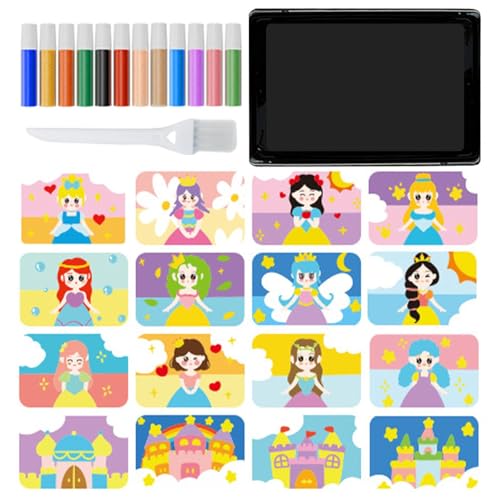 ycezw Sandkunst-Sets für, Sandmalerei für - Bunte Sandmalerei-Sets für | 12 Sandfarben, 16 Abzieh- und Streubilder, 1 Tablett, 1 Pinsel, Kunstwerkzeug für von ycezw