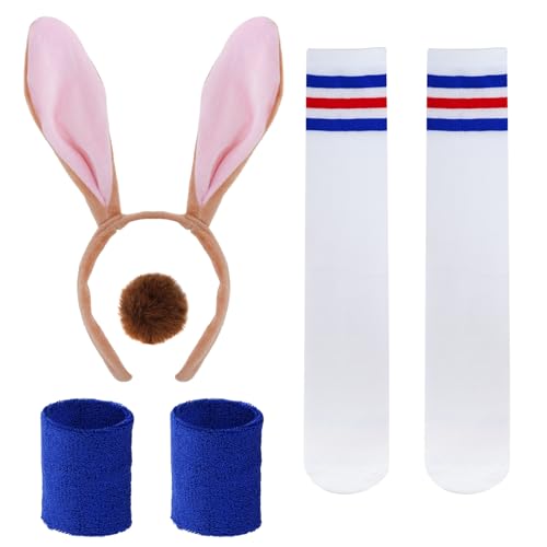 4-teiliges Halloween-Kostüm-Zubehör-Set, Hasenohren, Haarband, Plüschschwanz, Armbänder blau und rot, gestreift, hohe Kniesocken für Damen und Herren, Cosplay von yeabwps