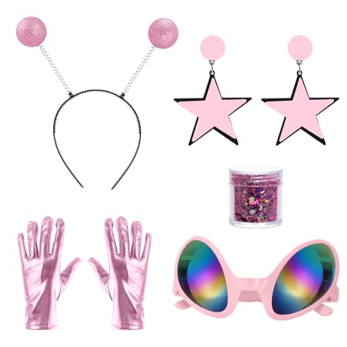 Alien-Kostüm mit Alien-Antenne, Stirnband, Brille, Handschuhe, Ohrring, Gesicht, Glitzer, für Cosplay, Weltraum, Halloween-Kostüm (Rosa), 5 Stück von yeabwps