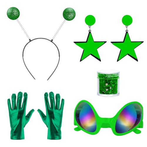 Alien-Kostüm mit Alien-Antenne, Stirnband, Brille, Handschuhe, Ohrring, Gesicht, Glitzer, für Cosplay, Weltraum, Halloween-Kostüm (grün), 5 Stück von yeabwps