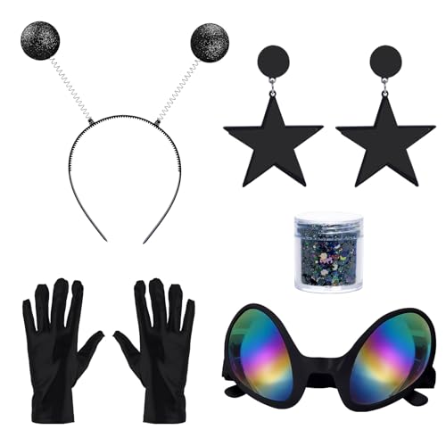 Alien-Kostüm mit Alien-Antenne, Stirnband, Brille, Handschuhe, Ohrring, Gesicht, Glitzer, für Cosplay, Weltraum, Halloween-Kostüm (schwarz), 5 Stück von yeabwps