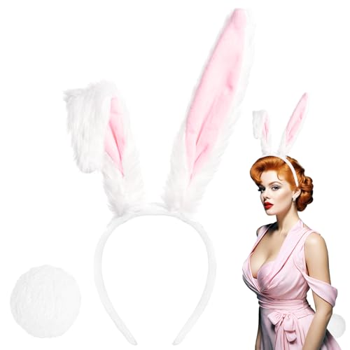 Weiße Hasenohren und Schwanz, weiße Hasenohren und Kaninchenschwanz, langes pelziges Kaninchen-Stirnband, Hasen-Kostüm-Zubehör für Damen, Ostern, Halloween, Party Weiße Hasenohren und Schwanz, weiße Hasenohren und Kaninchenschwanz, langes pelziges Kaninchen-Stirnband, Hasen-Kostüm-Zubehör für Damen, Ostern, Halloween, Party von yeabwps